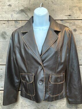 RVT Womens Faux Leather Jacket PS Brown Button-Up With Pockets